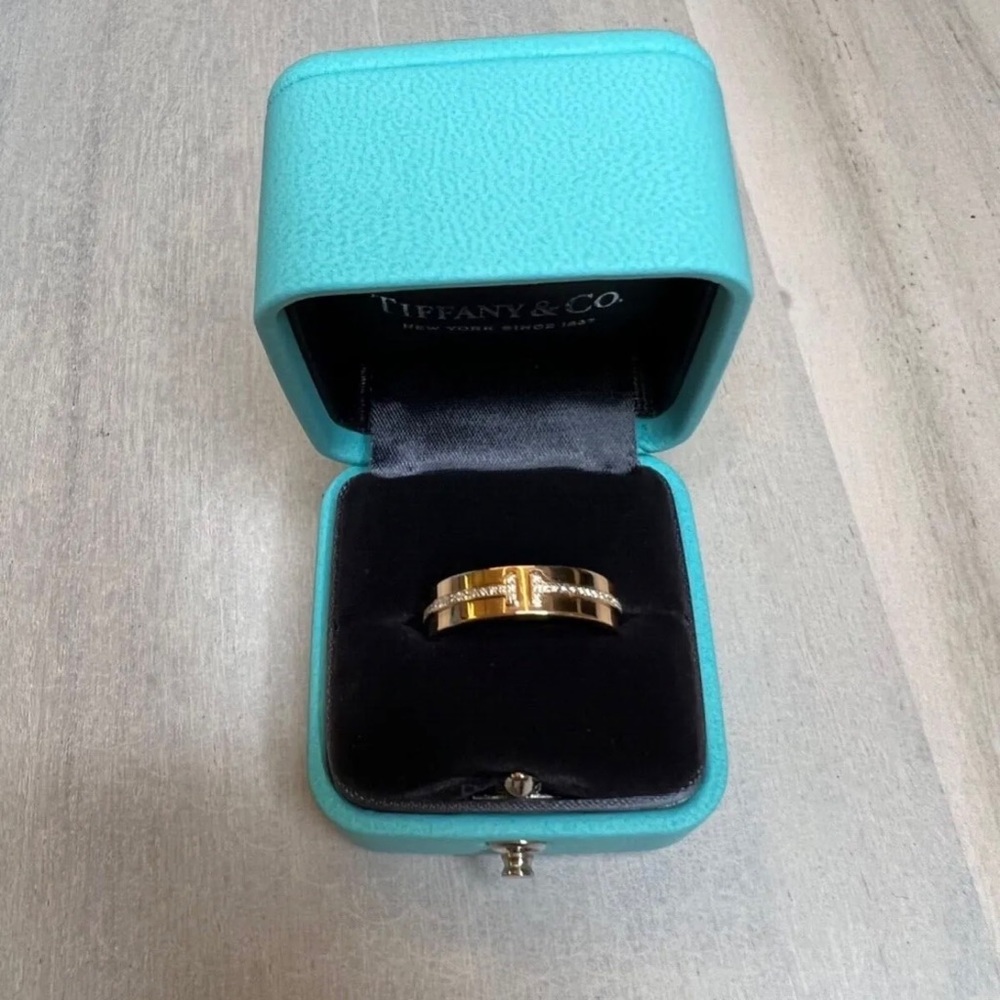 Tiffany & Co 18k Rose Gold and Diamond T Two Wide Ring Size 8.5